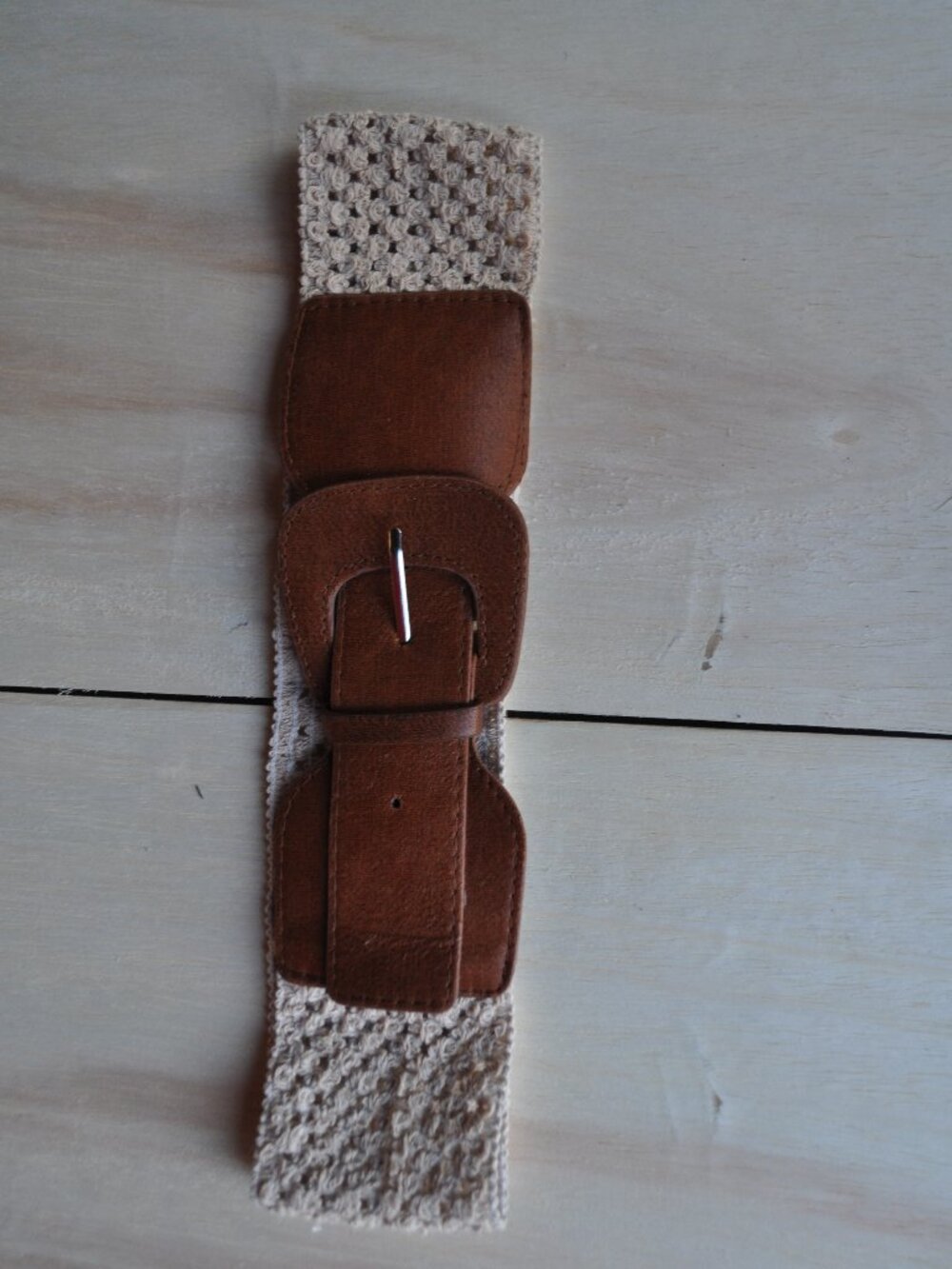 Belt Women's Bohemian Crochet - Stretchy Waist Belt - Ivory Brown Faux Leather R